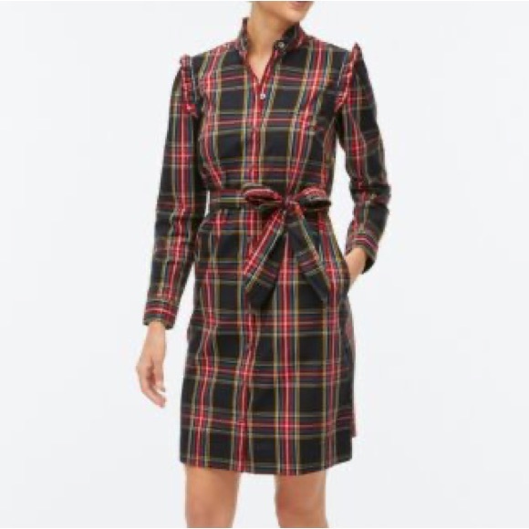 J. Crew Factory Ruffle Neck Shirt Dress Stewart Plaid Size 14 Holiday Christmas - Picture 4 of 13